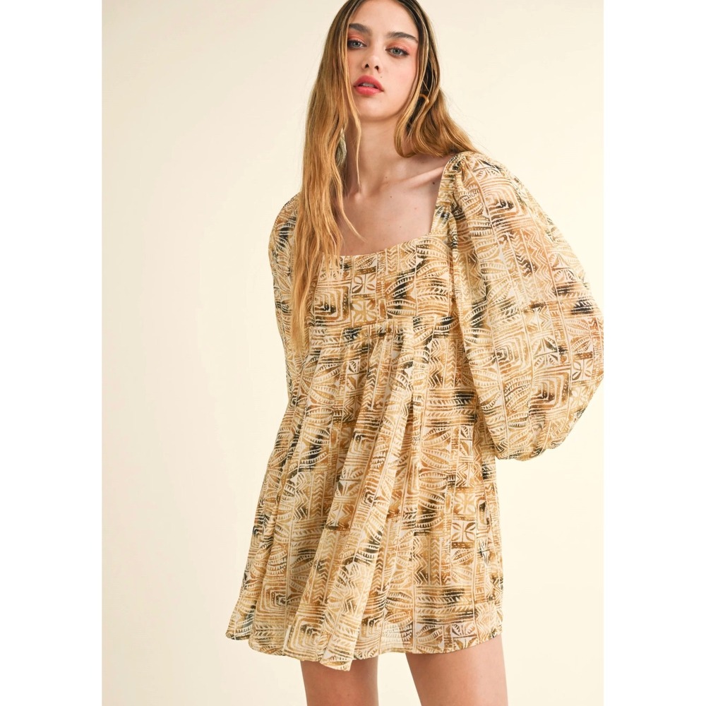 Reset by Jane Suniva Dress M NWT Boho Geo Print Metallic Puff Sleeve Resort